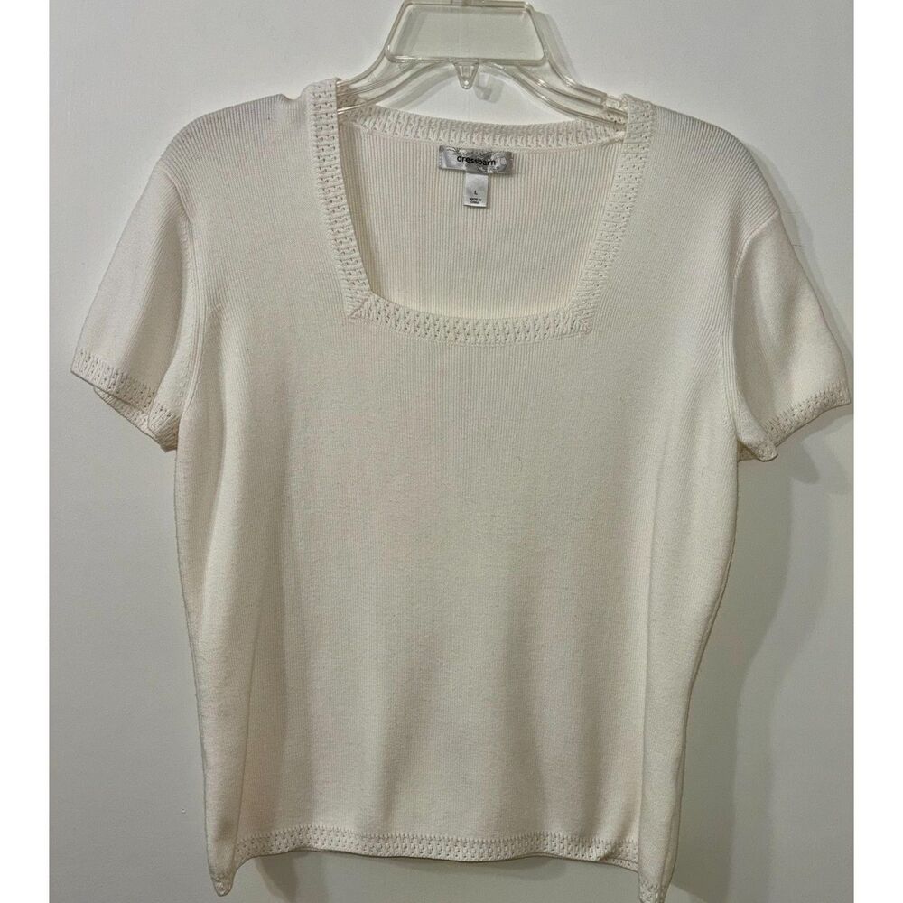 Dress Barn W Large Wht Cotton Blend Square Neck Ponte Short Slv Cottagecore Top